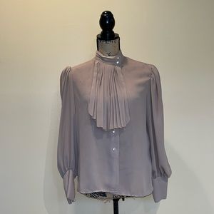 Vintage Button Down Blouse with High Neck collar and Pleated Tie Collar